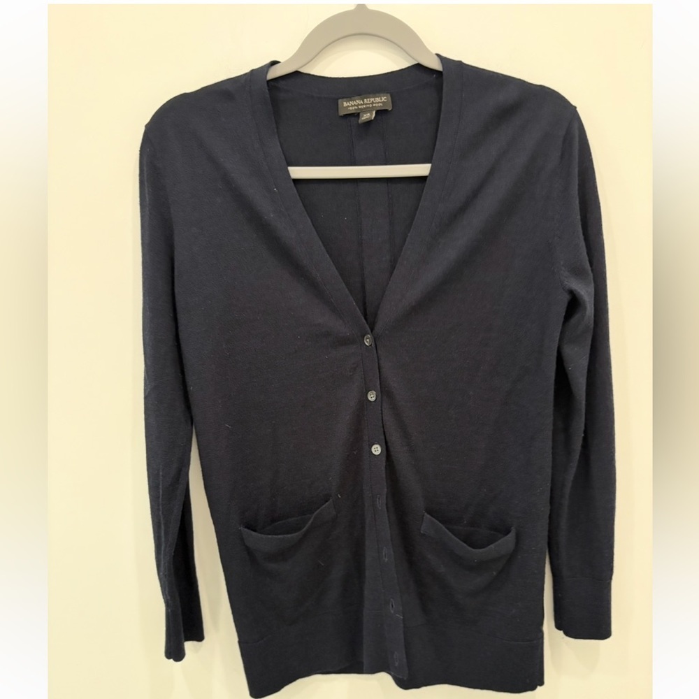 J Crew 100% Merino Wool
Navy Blue 
V Neck Button Down Cardigan Sweater 
Size XS